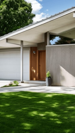 A Mid-Century Modern ranch exterior with an angled roof, wooden entryway and a bright green lawn.