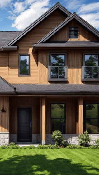 A rustic, wood-paneled exterior home with Craftsman-style stone decoration on the foundation.