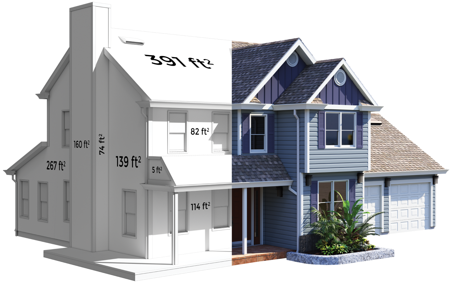 A rendered image of a house with a cutaway showing various dimensions of surfaces