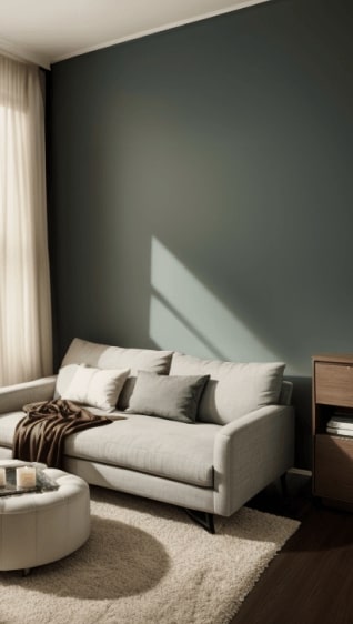 A living room with neutral colored furniture and a sage green painted wall.
