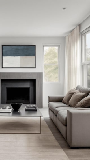 modern living room with gray furniture, a modular coffee table, and serene blue art over a fireplace.