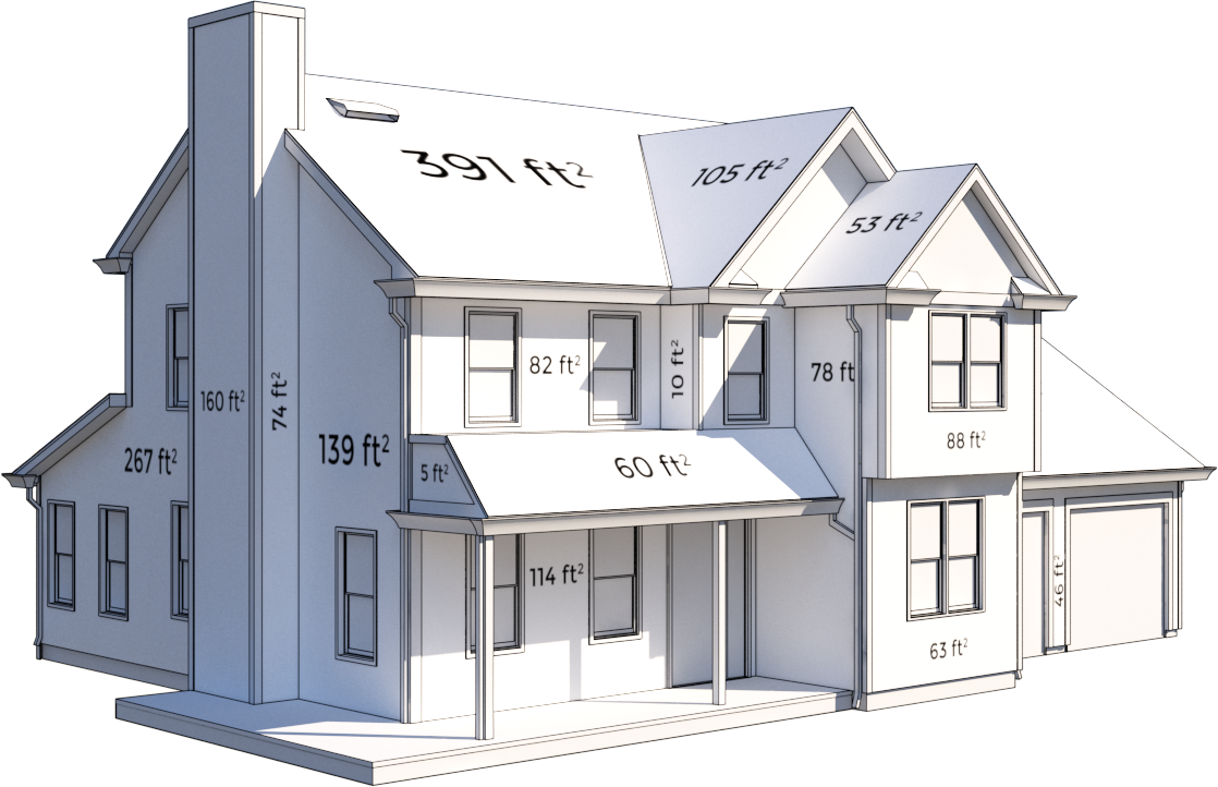 A blueprint image of a house with various measurements on each surface