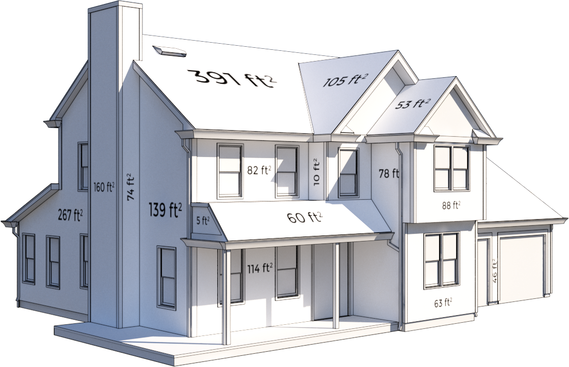 A blueprint image of a house with various measurements on each surface
